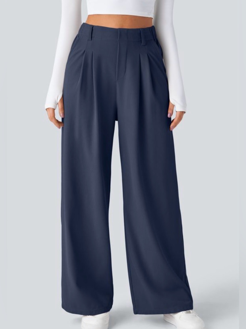 Halara High Waisted Pleated Wide Leg Crepe Work Pants Navy Blue Size L (0108)